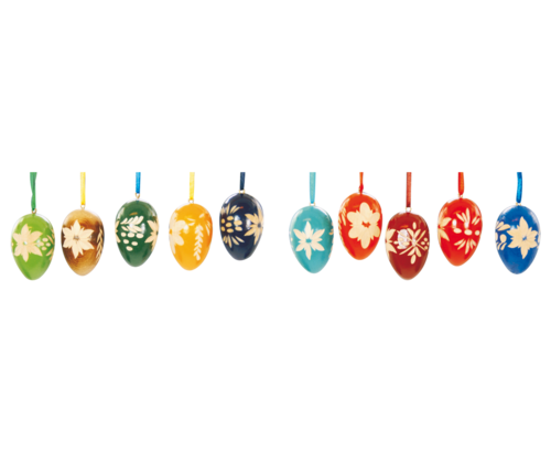 Treehanging Deco Eggs coloured - hand carved 10-fold assorted approx.4cm (price per set)
